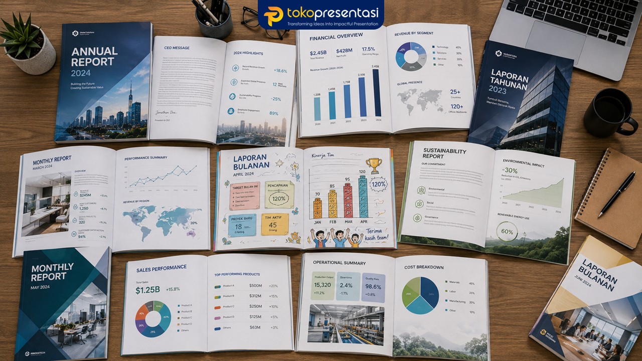 Harga Jasa Pembuatan Desain Annual Report, Monthly Report, Desain Report Infografis Tokopresentasi